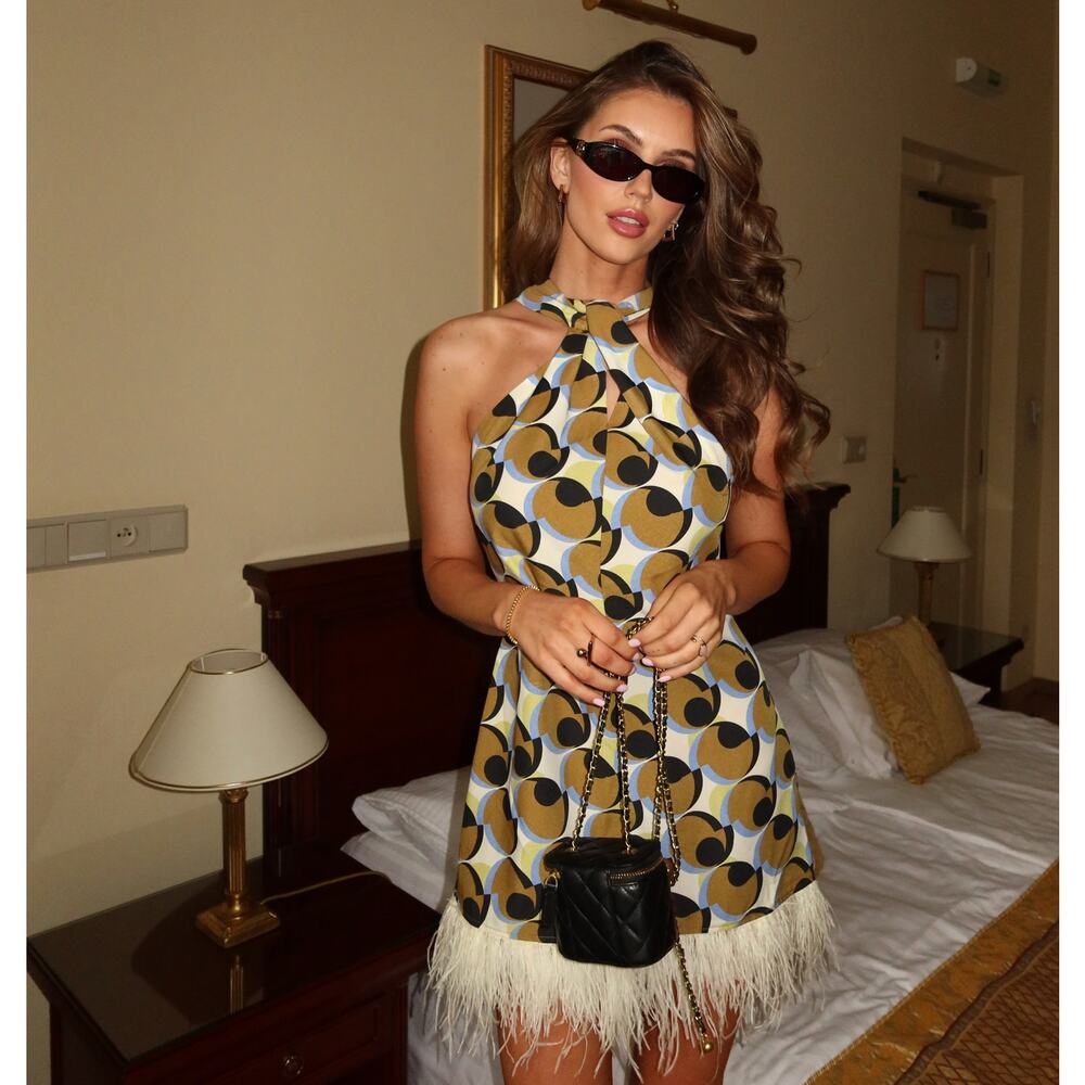 Zara NWT Geometric Halter Feather Hem Mini Dress S - Picture 10 of 16